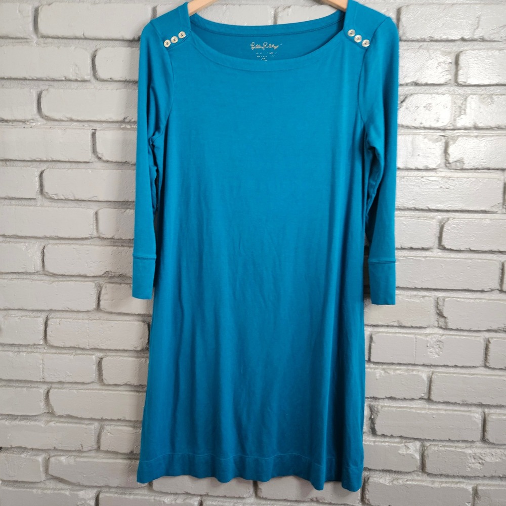 Lilly Pulitzer Teal Blue Boatneck 3/4 Sleeve Shift Dress Gold‎ Button Detail L